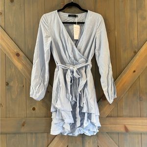 Blue Wrap V Neck Dress with Tie at Waist